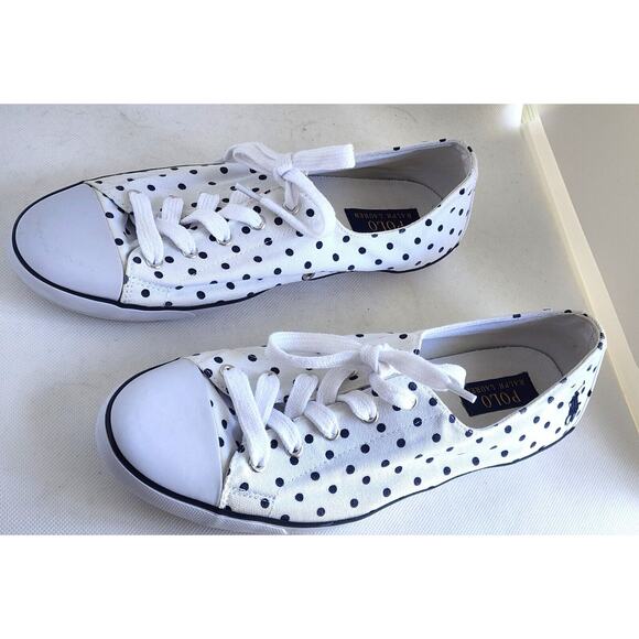 SHOES/SNEAKERS-POLO-RALPH LAUREN-White Canvas w/Navy Polka Dots-Lace Tie-11B - Picture 1 of 13